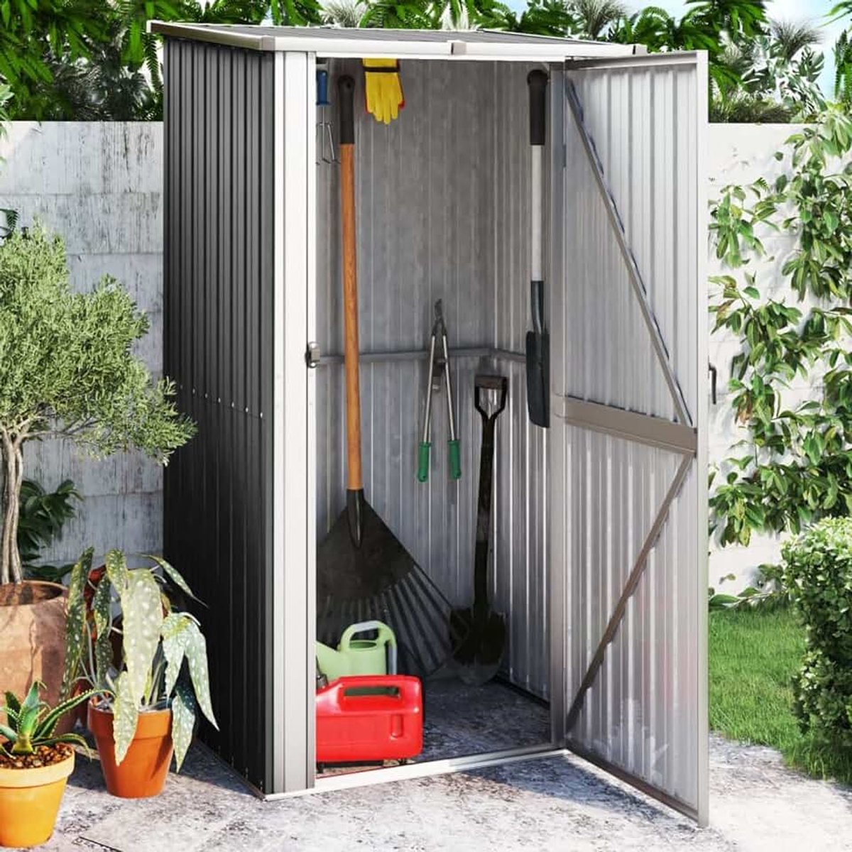Gereedschapsschuur, tuinhuis, tuinhuisje, tuinkast, bergruimte, tuinwerkplaats, schuur, afsluitbare deur, antraciet, 118,5 x 97 x 209,5 cm, verzinkt staal