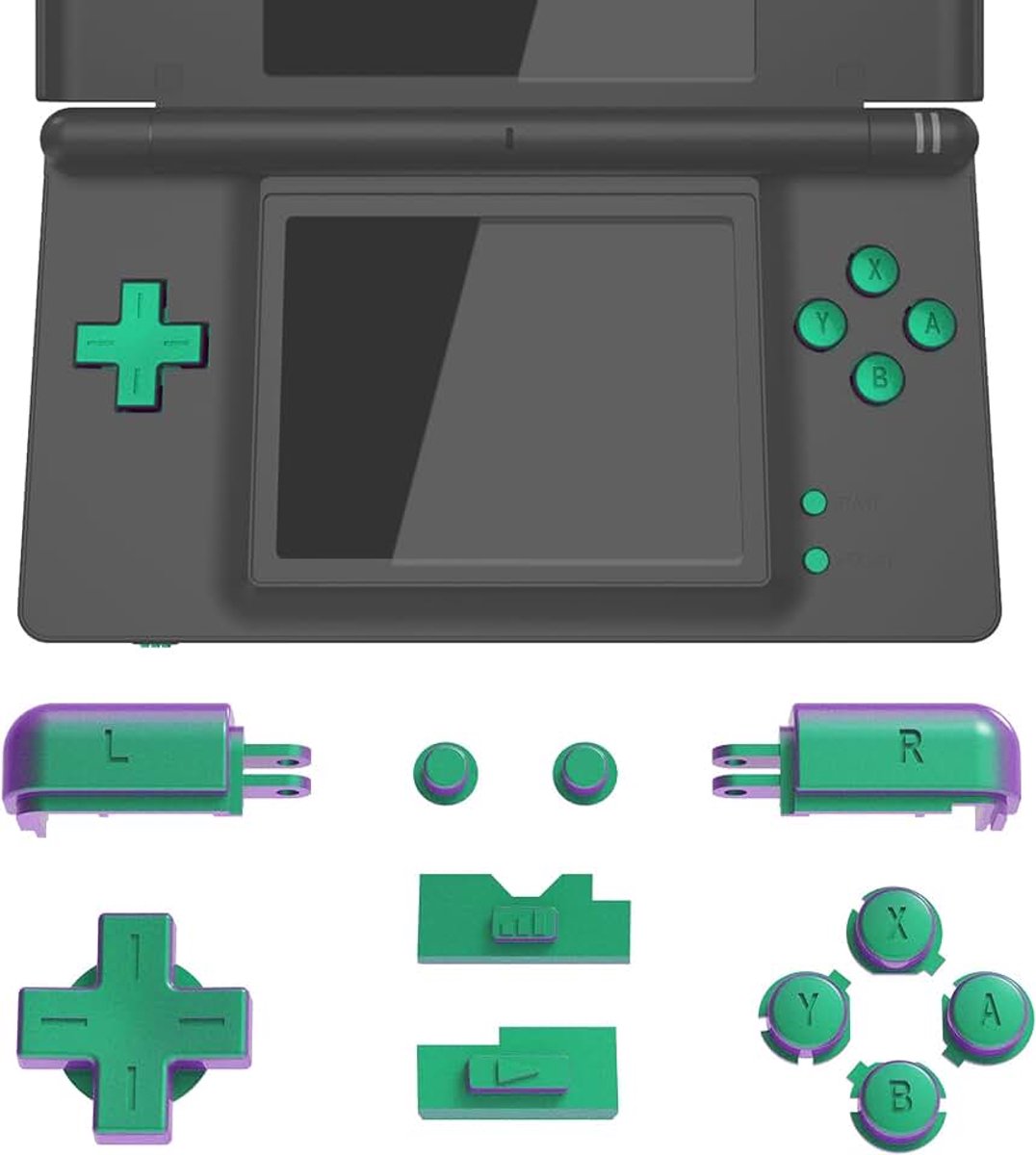 EXtremeRate Set reserveknoppen voor Nintendo DS Lite, toetsen ABXY D-pad R L Power Volume voor Nintendo DS Lite NDSL console (NIET inbegrepen console) - Kameleon Groen Paars