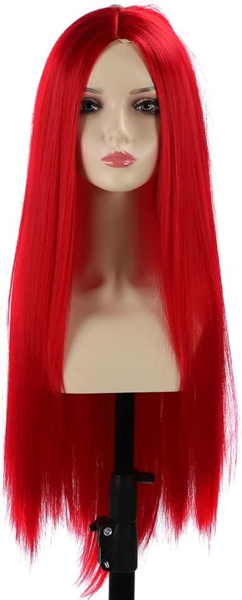 Rechte Pruiken, Synthetische Haarpruik met Middenscheiding en Ingebouwde Gel, Hoge Dichtheid, Hittebestendig voor Vrouwen, Cosplay Gebruik (Rood)