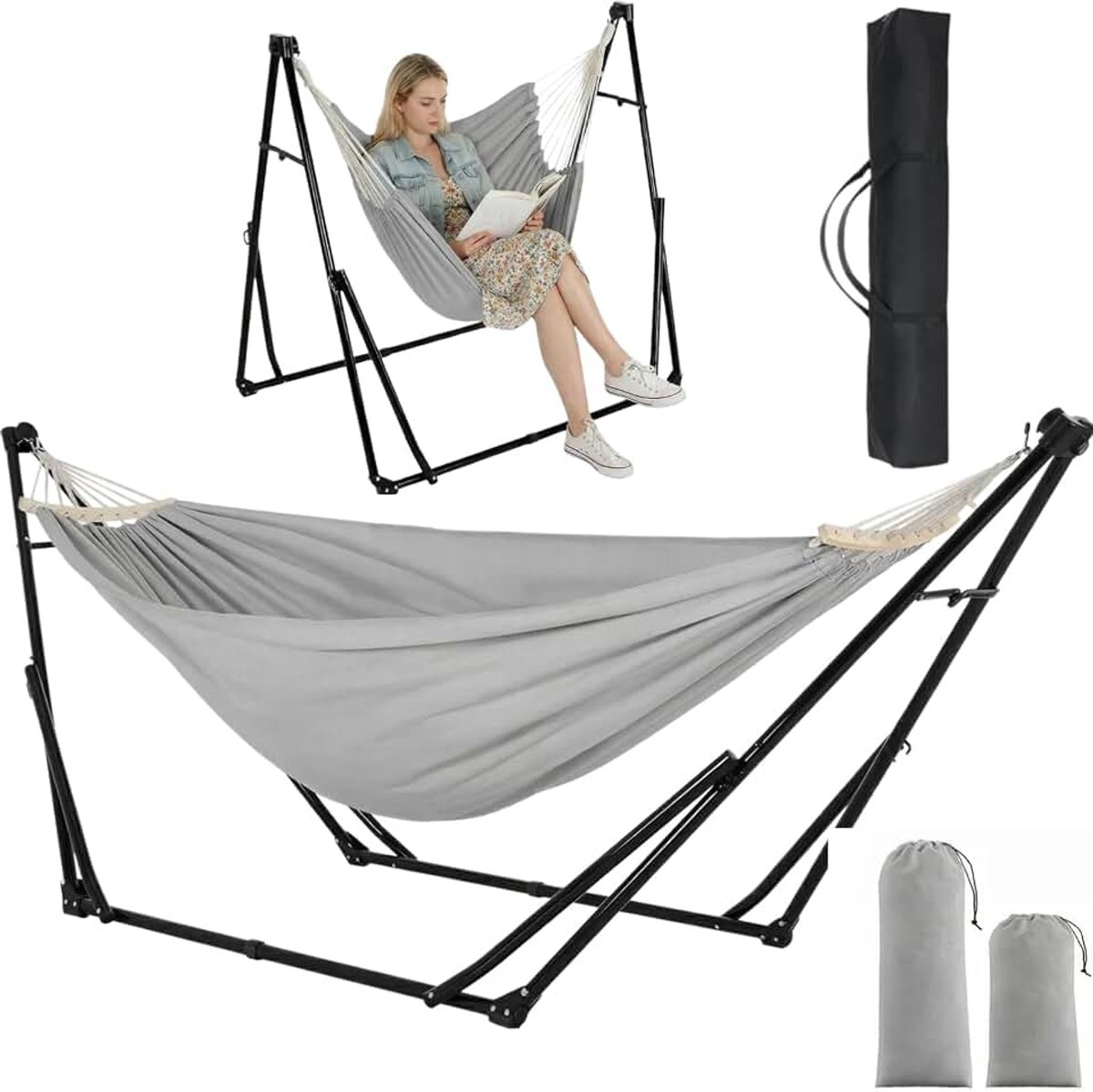 Hangmat met frame, outdoor hangmat, opvouwbaar, verstelbaar, stabiel hangmatframe, 231 x 89 cm, tot 200 kg, voor tuin, balkon, camping, binnen, draagtas, meerkleurig (grijs)
