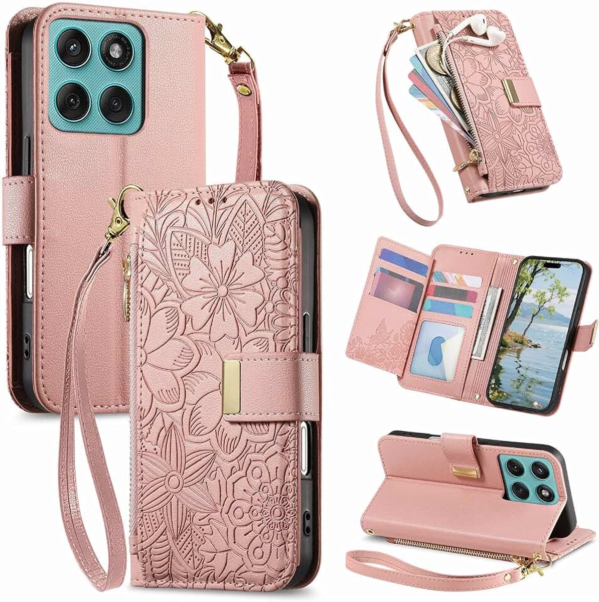 Hoesje voor de Motorola Moto Edge 60 Fusion/Edge 60 / Edge 60 Pro, PU-lederen portemonneehoesje met bloemenmotief, fliphoesje met kaarthouder, magnetische sluiting en polsband, schokbestendig