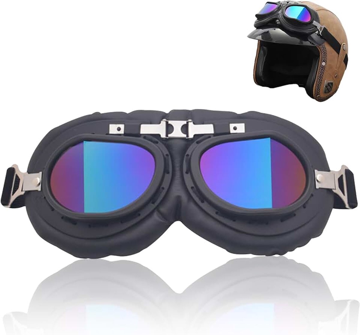 Motorbril voor heren en dames, winddicht, gekleurde glazen, pilotenbril, steampunk, motorhelm, zonnebril voor motorcross, mountainbike, fiets, outdoorsport, zwart
