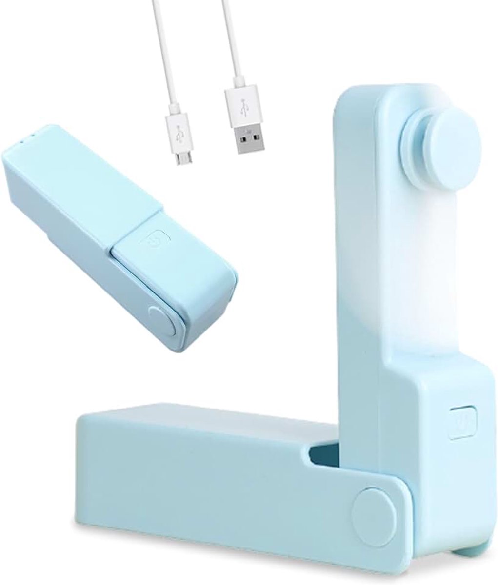 Mini-zakventilator, draadloos, draagbaar, zeer compact: opvouwbaar en stil, 3 snelheden, oplaadbaar, USB, gebruiksduur 5 uur, blauw