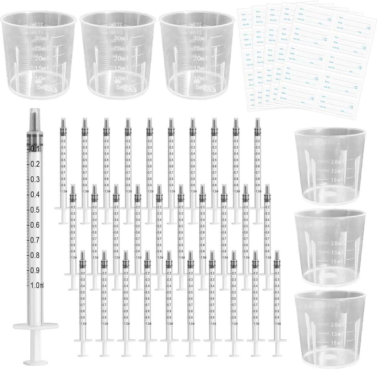 Spuiten, 1 ml, 30 kolostrum verzamelaars met doppen zonder naald, met 3 stuks 20 ml, 3 stuks 30 ml maatbekers en 50 stuks zelfklevende etiketten, Colostrum Collector meten vloeistoffen