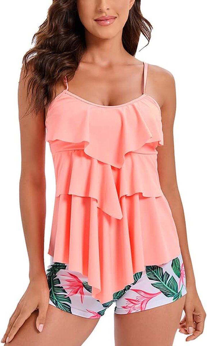 2 Stuk Tankini Badpakken Volant Gedrukt Top Met Boyshorts Plus Size Badmode Badpak