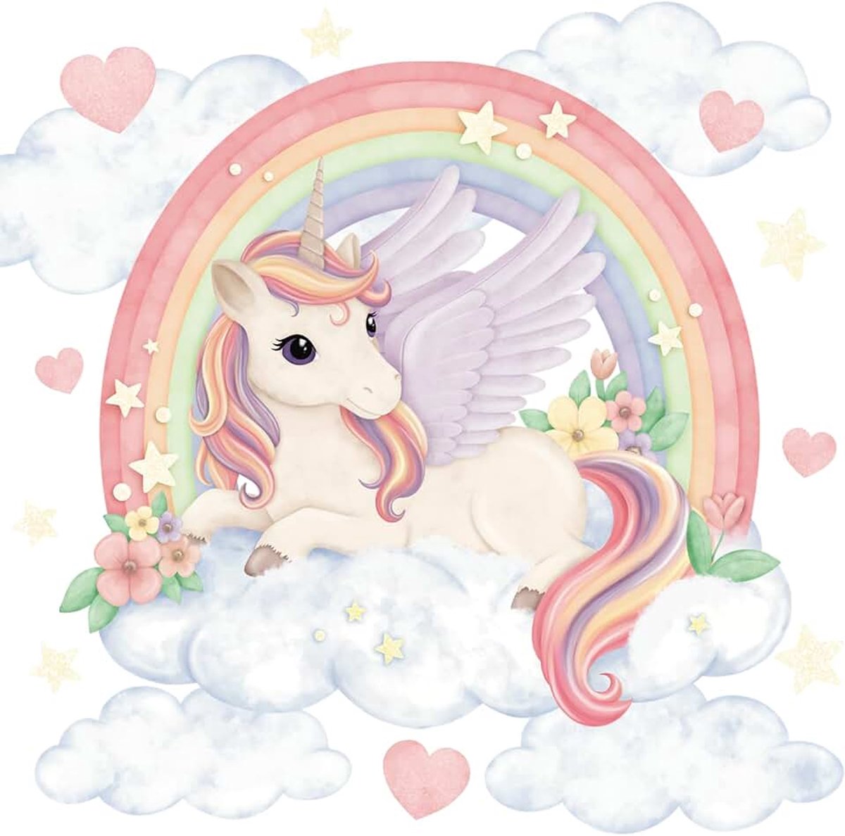 Muursticker kinderkamer - Muurtattoo babykamer - Niet-giftig, veilig - Set Eenhoorn, regenboog, sterren, wolken, hartjes XL - roze, violet, pastelkleuren - 72,5x120cm