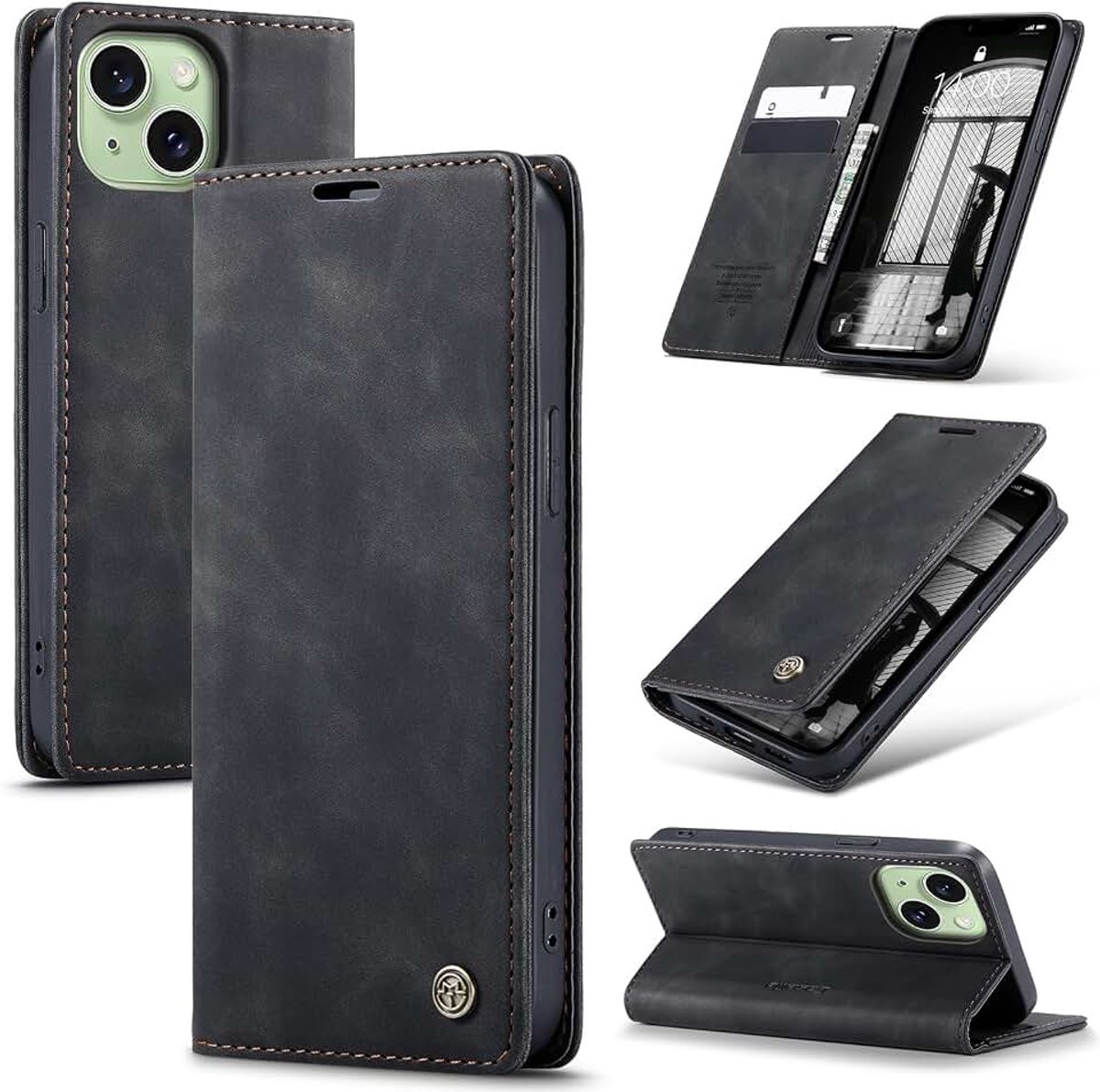 Hoesje voor iPhone 15 Plus 5G, magnetische Flip case, opvouwbaar standfunctie Cover beschermhoes met kaartsleuf en portemonnee, leren hoes voor iPhone 15 Plus, Zwart