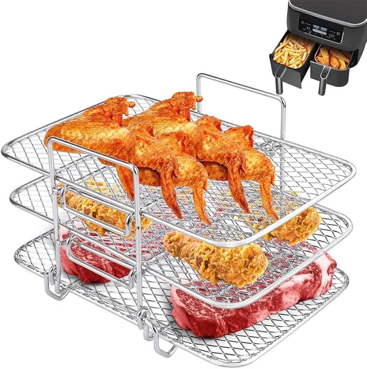 Rek voor Ninja luchtfriteuse, 3-laags stapelbare grill en droogapparaat, roestvrij staal 304, compatibel met Ninja, Salter, Instant modellen