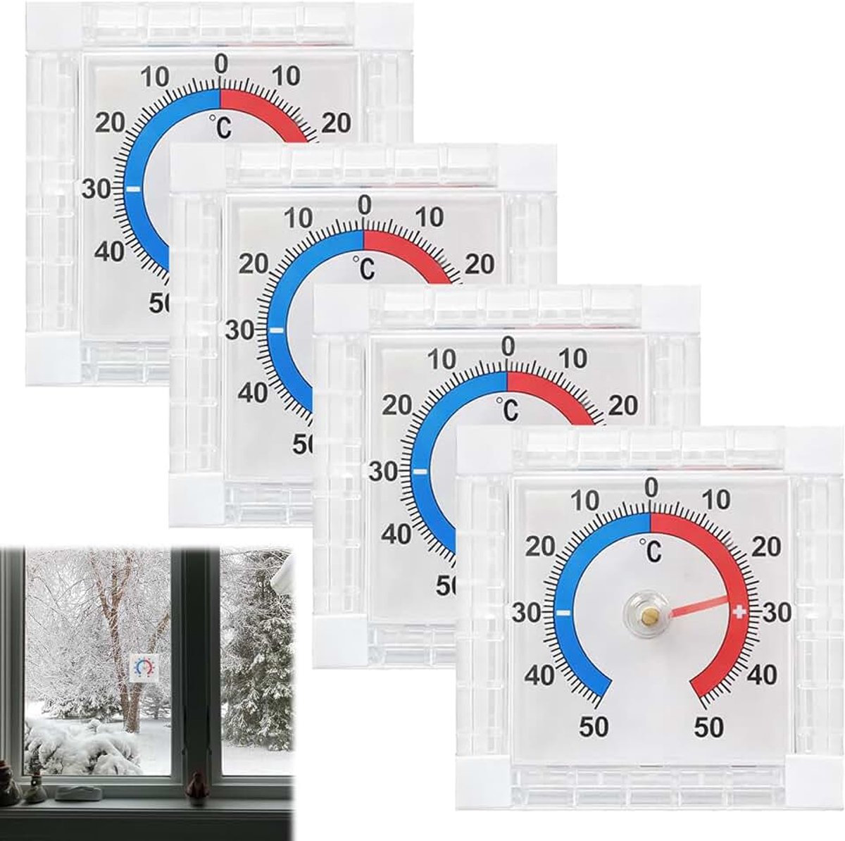 4 stuks, voor buiten, raamthermometer, geschikt voor ramen en buiten, voor het meten van de binnen- en buitentemperatuur, wit, zelfklevend