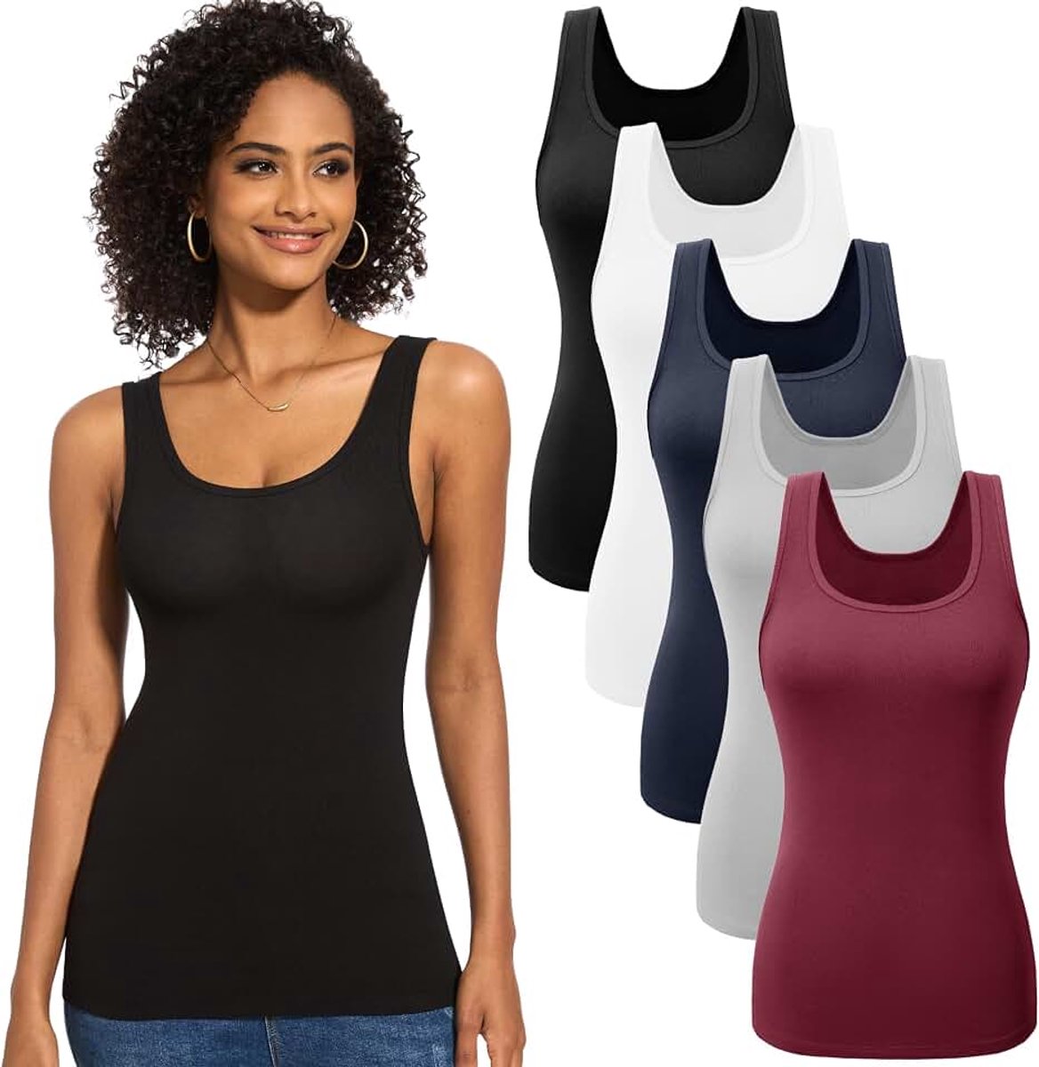 Set van 3 of 5 onderhemden voor dames, basic tanktop met U-hals, mouwloos, elastisch, slimfit, bovenstuk, effen, voor vrouwen en meisjes