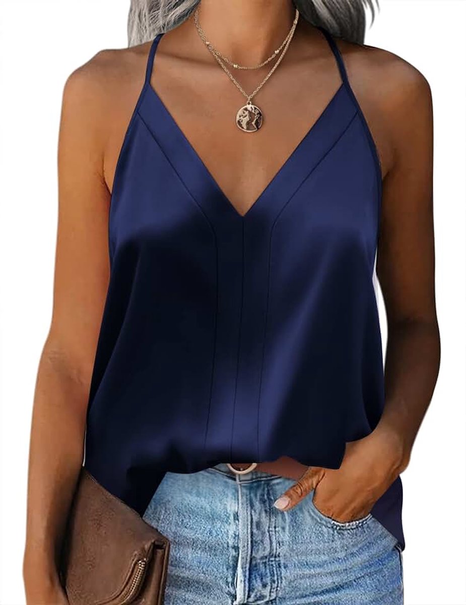 Satijnen camisole tanktop voor dames, basic top met spaghettibandjes, verstelbare spaghettibandjes, V-hals