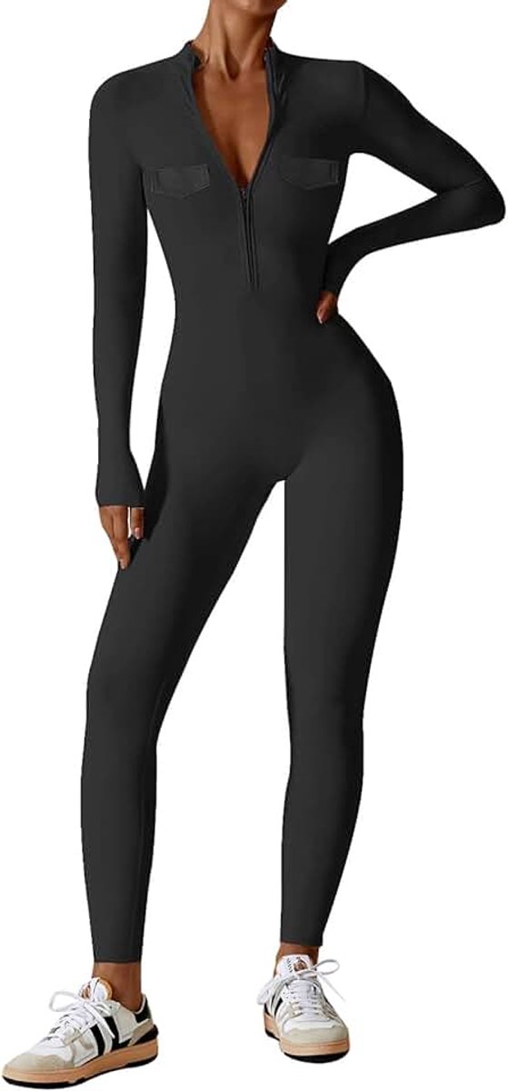 Jumpsuit dames Elegant Rits aan de voorkant Eendelig Sport Romper Lange mouwen Overall met zakken Yoga Casual Zwarte tas XS | Damesjumpsuit met lange mouwen en ritssluiting, zonder pads en zonder zakken, rekbare stof, voor fitness en yoga