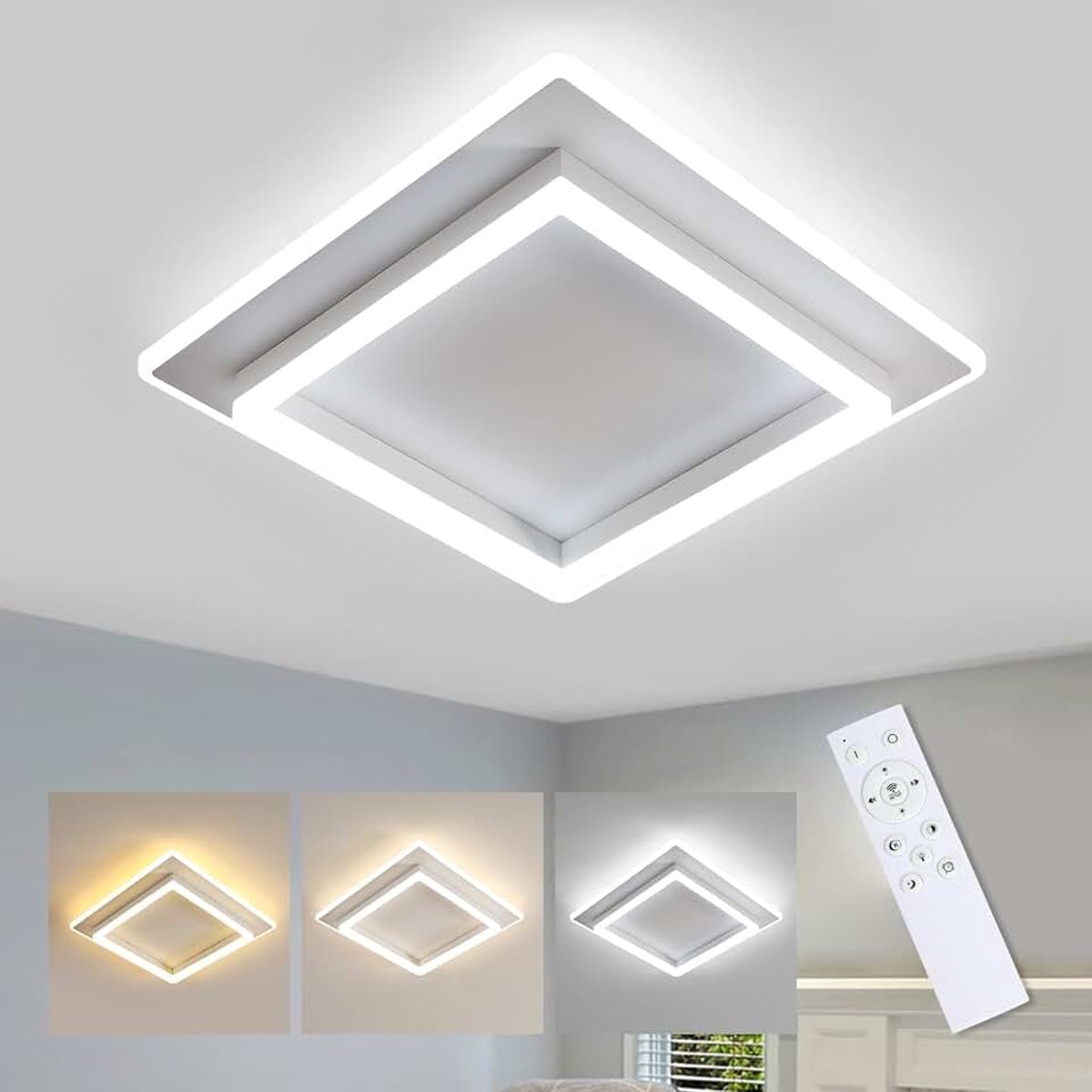 Moderne Dimbare LED Plafonnier met Afstandsbediening, Vierkant Wit 41W 5850LM LED Plafondlamp 3000K-6500K, Plafondlamp voor Slaapkamer, Eetkamer, Keuken, Woonkamer | Moderne led-plafondlamp voor slaapkamer, keuken, woonkamer