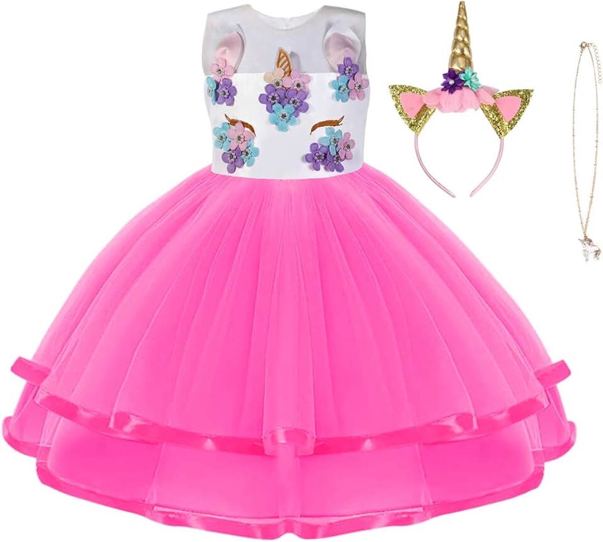 Eenhoorn Kostuum, Prinses Eenhoorn Jurk Fancy Dress met Ketting, Hoofdband voor Kinderen & Peuters Verjaardag/Cosplay/Halloween Feest, Leeftijd 2-10 Jaar