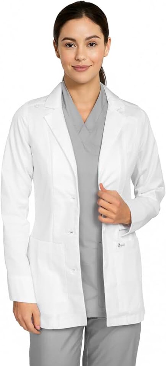 Livia Korte medische laboratoriumjas voor dames, met reverskraag, lange mouwen, 3 zakken, knoopsluiting, voor verzorging en ziekenhuiskleding