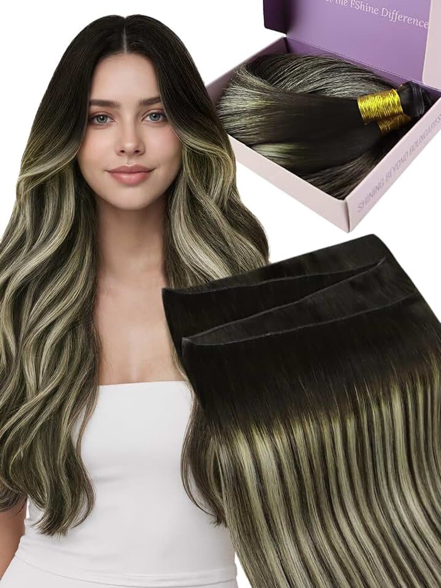 Genius Weft Haarlokken van echt haar, 50 cm, 60 g, haarlokken, echt haar om in te naaien, balayage, donkerbruin tot platinablond, kleur 2, 60, 2