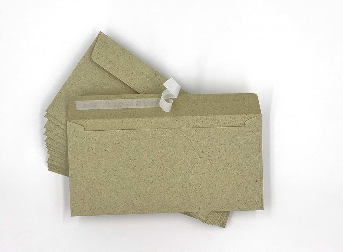 Enveloppen van kraftpapier met een hoog grasgehalte, 50 stuks zelfklevend natuurpapier, enveloppen met afmetingen 220 x 110 mm (DIN lang) - FSC-gecertificeerd