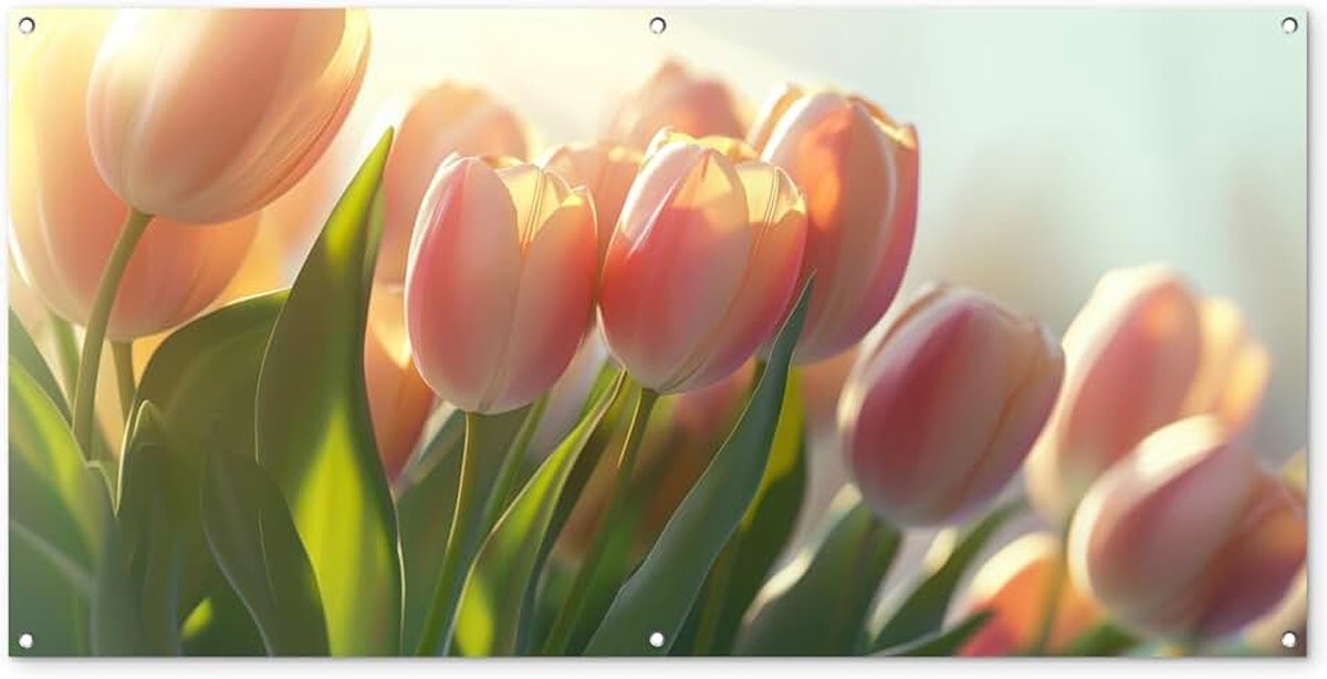 Tuinposter 160x80 cm Balkon Tuindecoratie Poster Garden Outdoor Posters Tuin Decoratie Tuinposters Voor Buiten Terras Tuinmuurdecoratie Tulpen - Roze - Zonnestralen