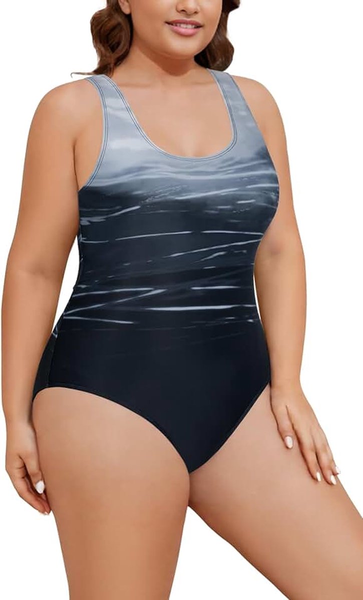 Badpak voor dames, grote maten, eendelig, sportbadpak, buikweg, gevoerde badjurk, shape, badmode, buikcontrole, U-hals, eendelig badpak