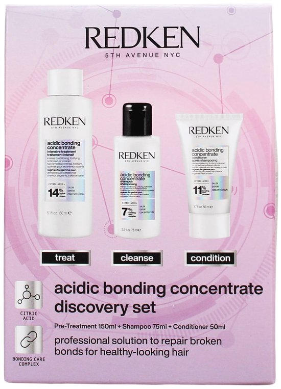 Redken Acidic Bonding Concentrate discovery set met 150ml treatment, 75ml shampoo en 50ml conditioner.