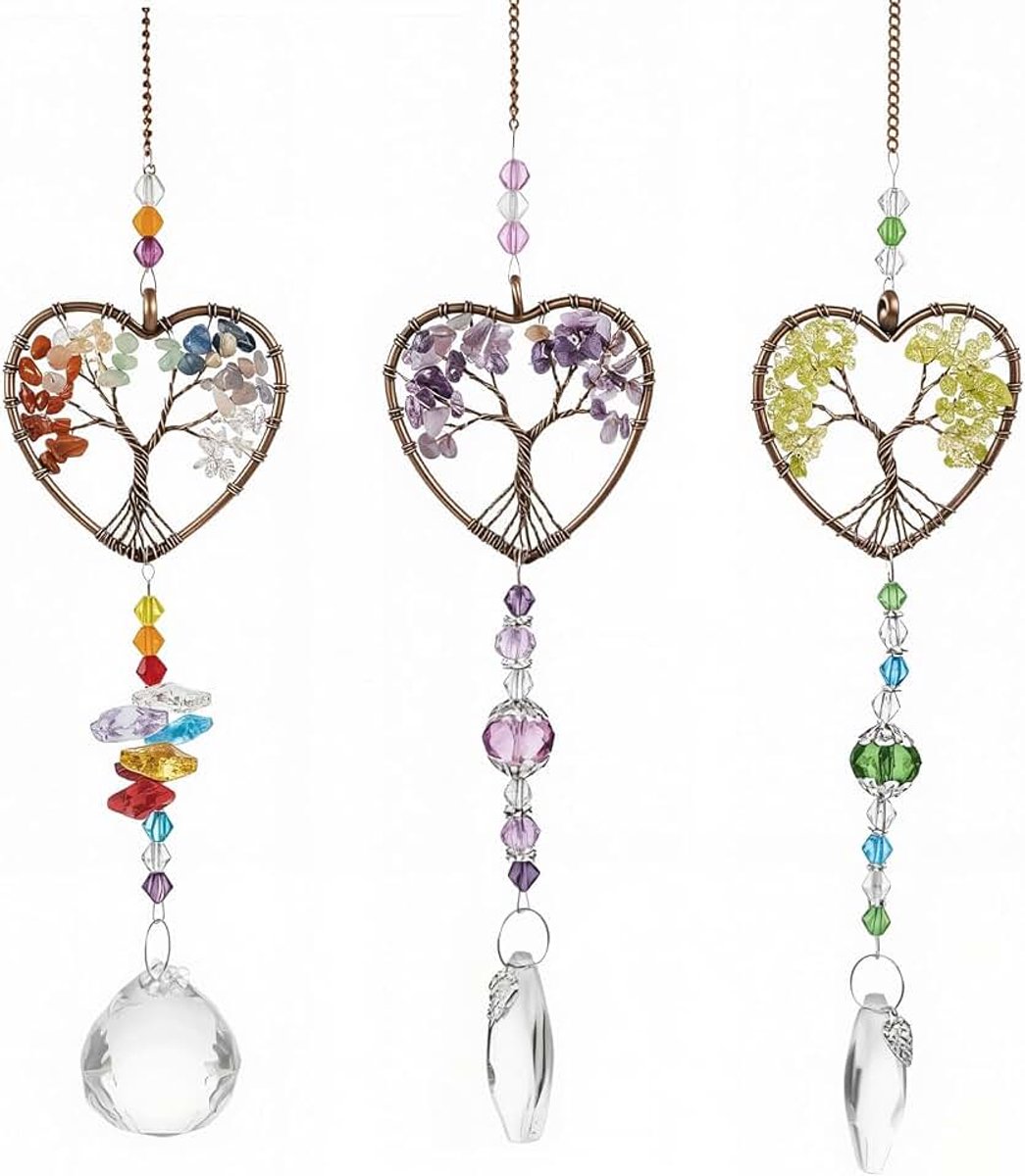 Zonnevangerset met Suncatcher levensboom, 3 stuks, helende stenen, decoratie van chakra-kristal en zinklegering, raamdecoratie, hangend voor thuis, tuin, auto en esoterij (hart)