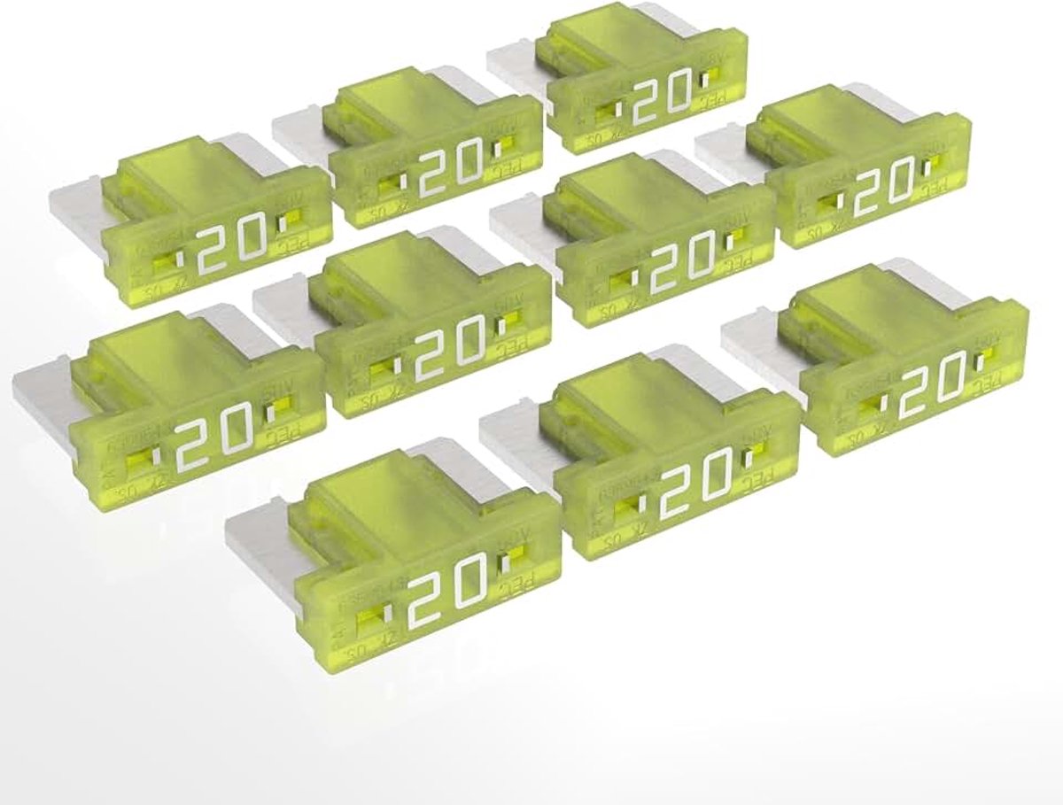 Platte steekzekeringen 2A - 30A keuze: 20 A, geel, 10 stuks | 12 V/58 V elektrische voertuigen, ISO 8820-10