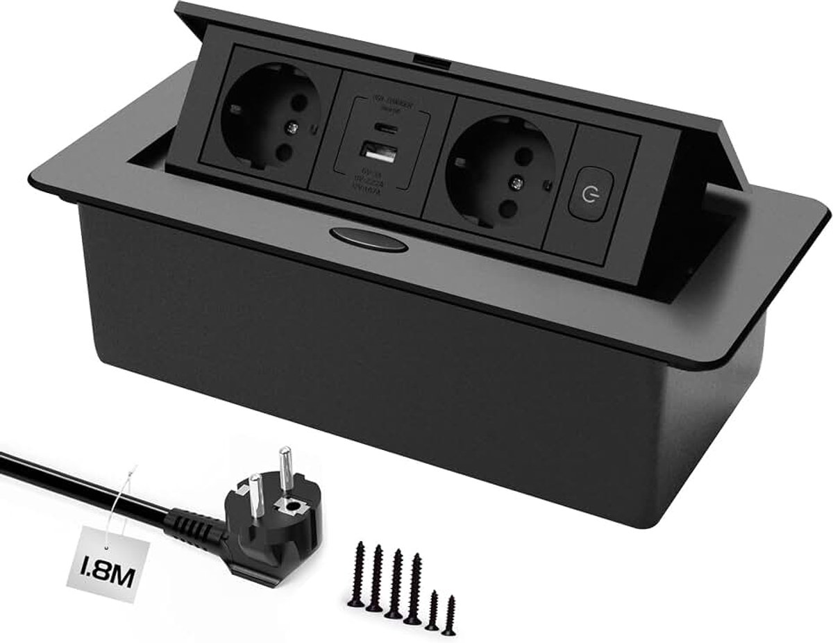 Stopcontact, inbouwstopcontact met USB 3.0 type C, 20 W, snel opladen, pop-up tafelstopcontact, intrekbaar met 1 x schakelaar, ruimtebesparend voor werkblad, kantoor.