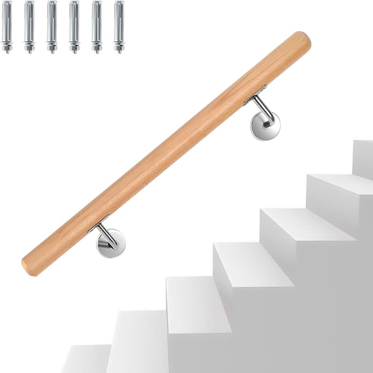 Leuning van beukenhout, 100 cm, leuning, wandleuning met wandhouder en eindkappen, antislip houten leuning, trapleuning voor trappen balkon, rond, 42 mm Ø