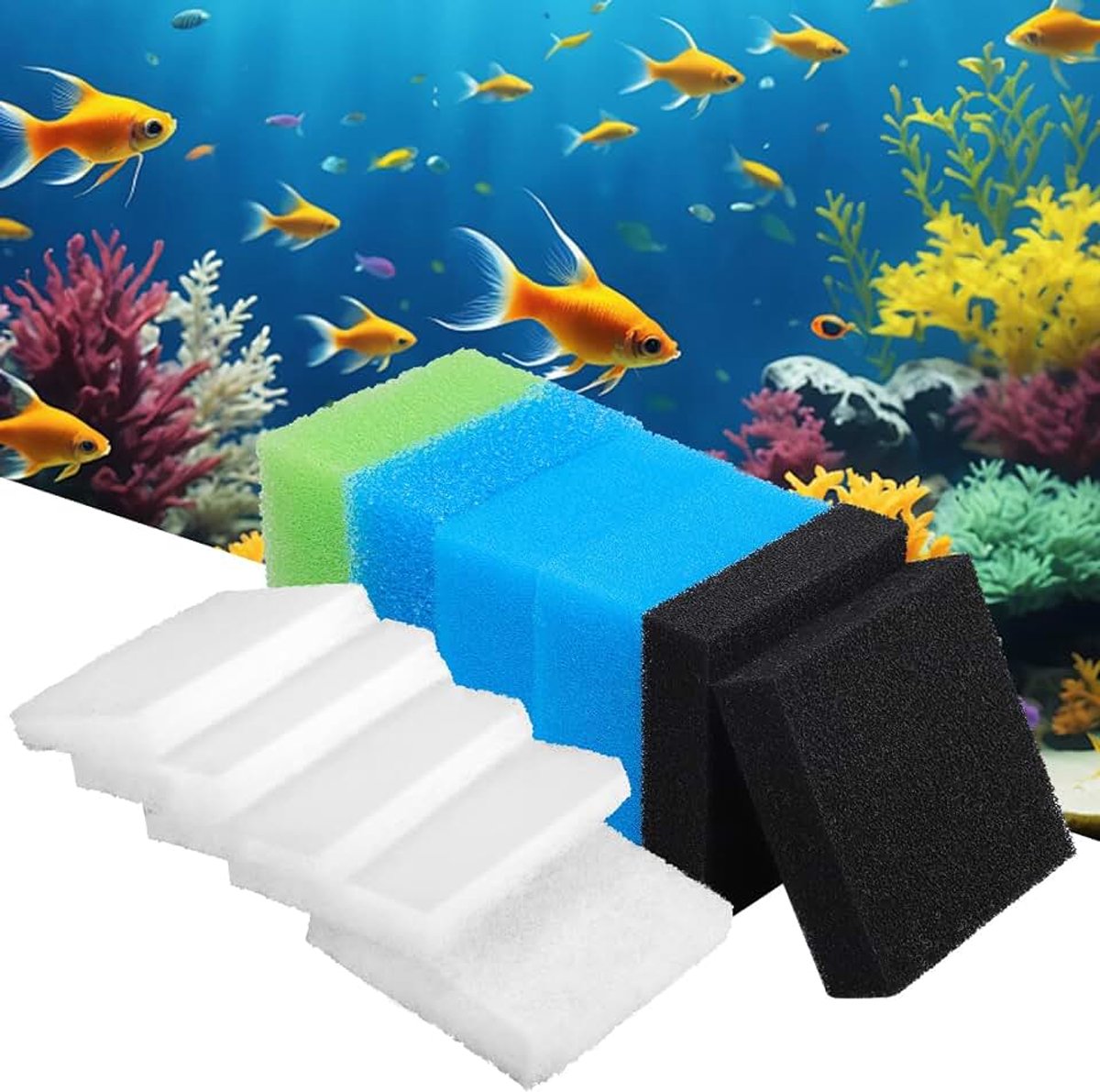 Set compatibel aquariumfilterschuim voor Juwel Compact/Bioflow 3.0/M, 2 blauwe fijne 1 blauwe grof, 1 groene spons, 2 actieve kool en 5 witte filtersponzen