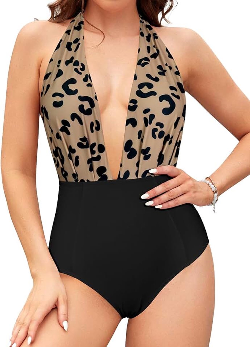 Dames Eendelige Badpak Diepe V-hals Verstelbaar Halter Badpak Sexy Effen Kleur Elegant Afdrukken Driehoek Bikini Zwempak