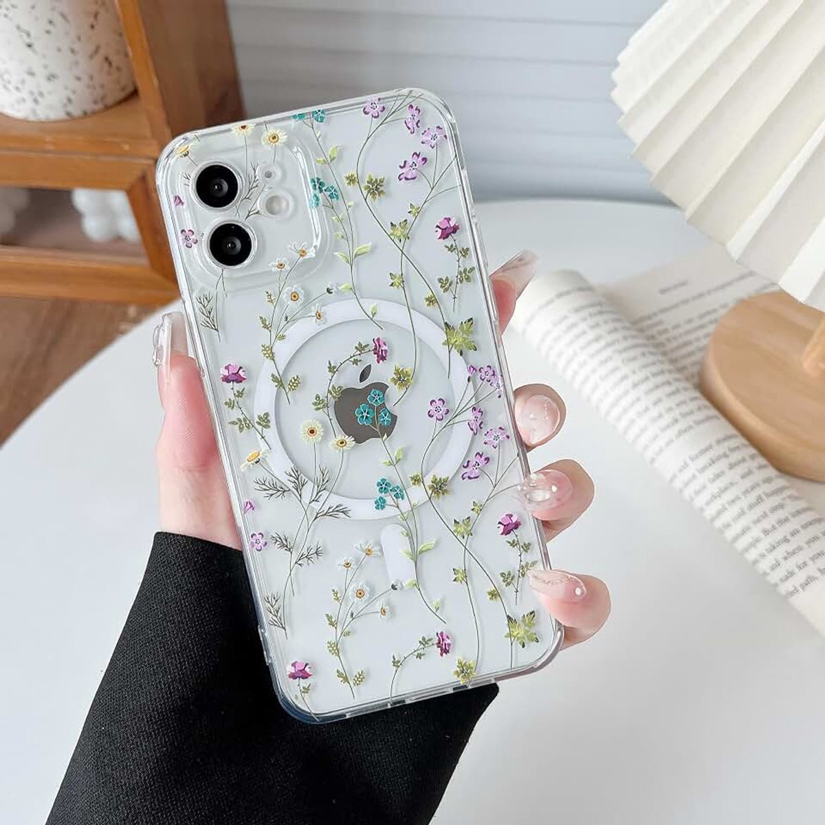 Beschermhoes voor iPhone 12, compatibel met Magsafe, magnetisch, schokbestendig, beschermhoes met bloemenpatroon, heldere siliconen, anti-geel, beschermhoes voor iPhone 12, bloem