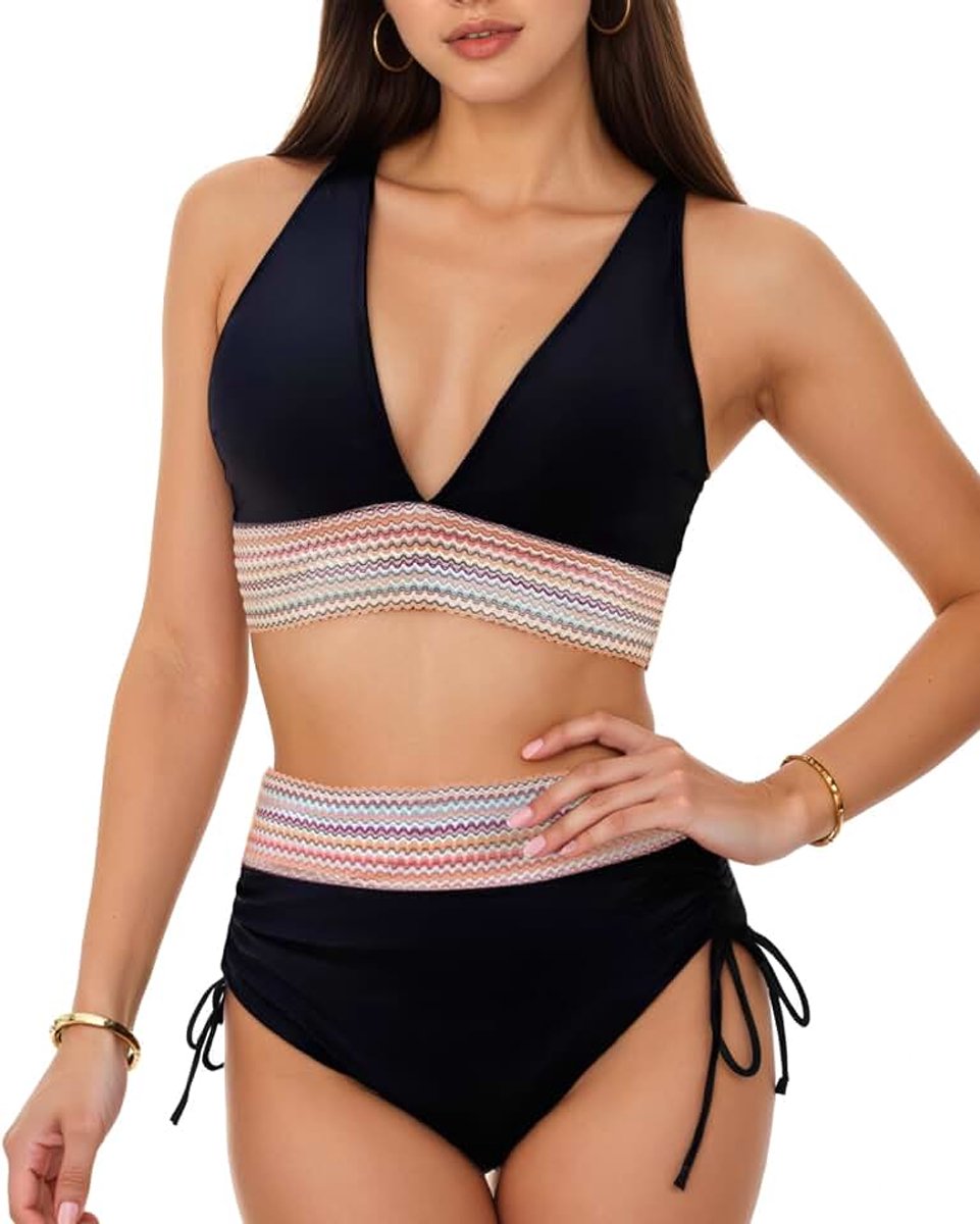 Bikini-set voor dames, tweedelig, hoge taille, strandbikini, afslankeffect, met vulling, 2-delig, V-hals, push-up