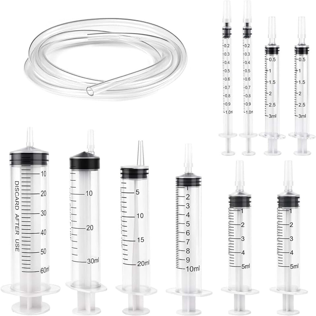 10 stuks spuiten 1 ml 3 ml 5 ml 10 ml 20 ml 30 ml 60 ml met slang, doseerspuit vloeibare spuit voor hobby's en doe-het-zelvers, individueel verzegelde verpakking