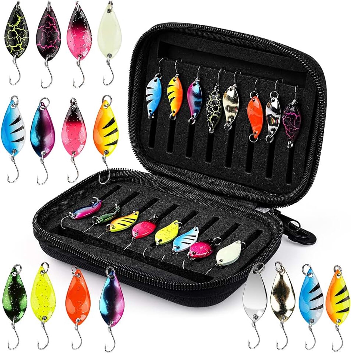 Lepelset, 16 stuks forelaas, kunstaas, 2,5 g/3,5 g/5 g, meerkleurige enkele haken, paillettenaas met opbergdoos voor forel, snoek, baars