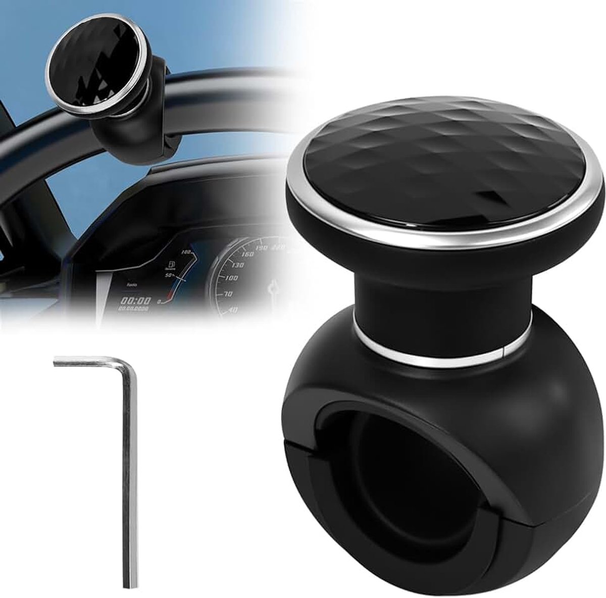 Stuurknop universeel 360° draaibaar met moersleutel | Stuurhulp, spinner, zwart, voor auto, motorfiets, boot, simulator, voertuigaccessoires, eenvoudige montage