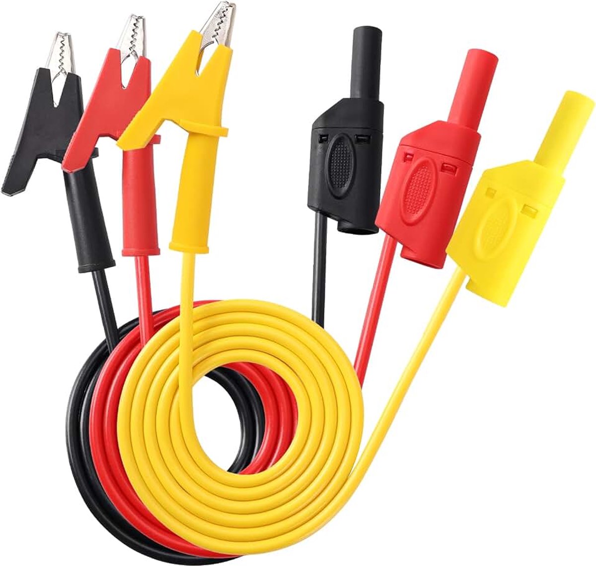 3 Stuks 1m 16AWG 15A Multimeter Testkabels, 4mm Veilige Stapelbare Banaanstekker naar Krokodillenklem Testkabel, voor Multimeter Elektrische Testen, Rood/Zwart/Geel