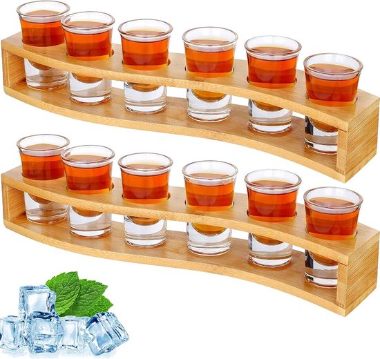 Set van 12 Bulk Fun Shot Glazen en Houder 30ml Helder Kristal Shot Glas met Dienblad Organisator voor Liquor, Tequila, Whisky, Brandy, Wodka, Rum, Cocktails, Party