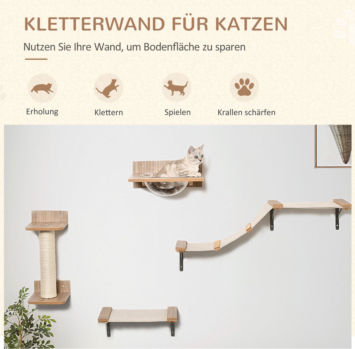 DESMIU Krabmeubel - Klimmuur Met 4-Delige Set - 100 x 25,5 x 46 cm - Sisal Hout Metaal Polyester - Bruin - Krabben Rusten en Klimmen