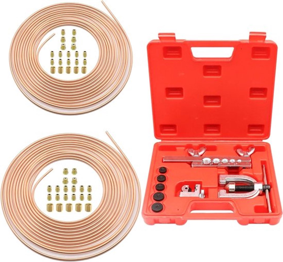 Uitgebreide gereedschapsset voor het uitbreiden van remleidingen, 7.62 m Ø4.75 + Ø6.35 koperen remleidingen met 32 aansluitingen en 10 connectors, perfect voor hydraulische remsystemen van voertuigen en onderhoud.