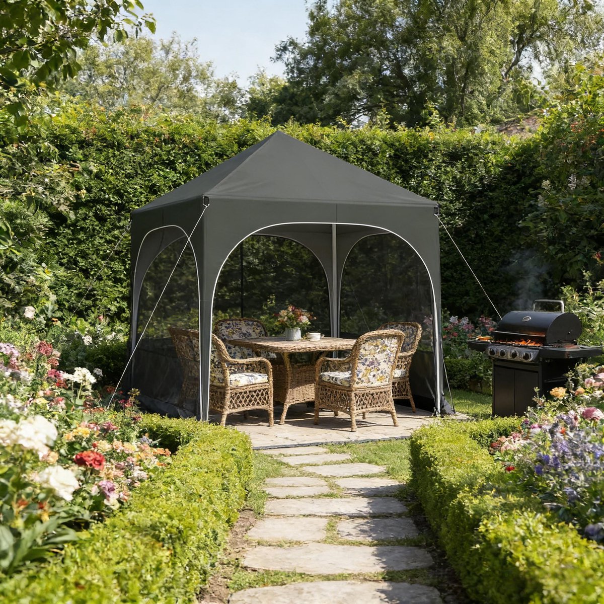 DESMIU Partytent – 2 x 2 m Opvouwbaar Paviljoen Met Verstelbare Hoogte – Metaal En 210D Oxford Stof – Grijs – Met 4 Afneembare Zijkanten