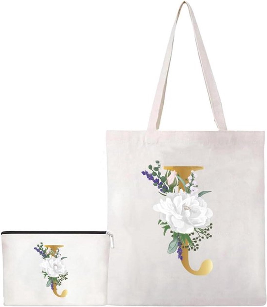 Herbruikbare boodschappentas - Katoenen draagtas - 2 stuks - Bloemenletters - Strandtas - Gepersonaliseerd - Geschikt voor vrouwen en mannen - Canvas - Draagtas en make-uptas - Geprint.