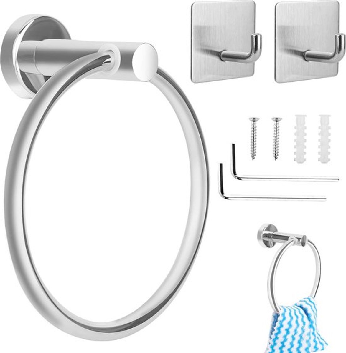 Wandmontage handdoekhouder rond, handdoekring roestvrij staal, handdoekring om te boren, chroom handdoekring, handdoekhouder, wandgemonteerde badkamer-hardware met 2 wandhaken voor wand, badkamer, keuken, toilet