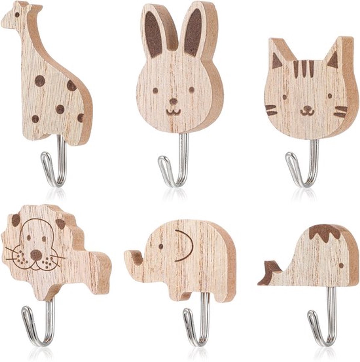 Kindergarderobehaken 6 stuks - Zelfklevende Wandhaken - Houten Dierencartoon - Olifant/Walvis/Kat/Leeuw/Haas/Giraffe - Natuurlijke Beukenbouw - Splintervrij