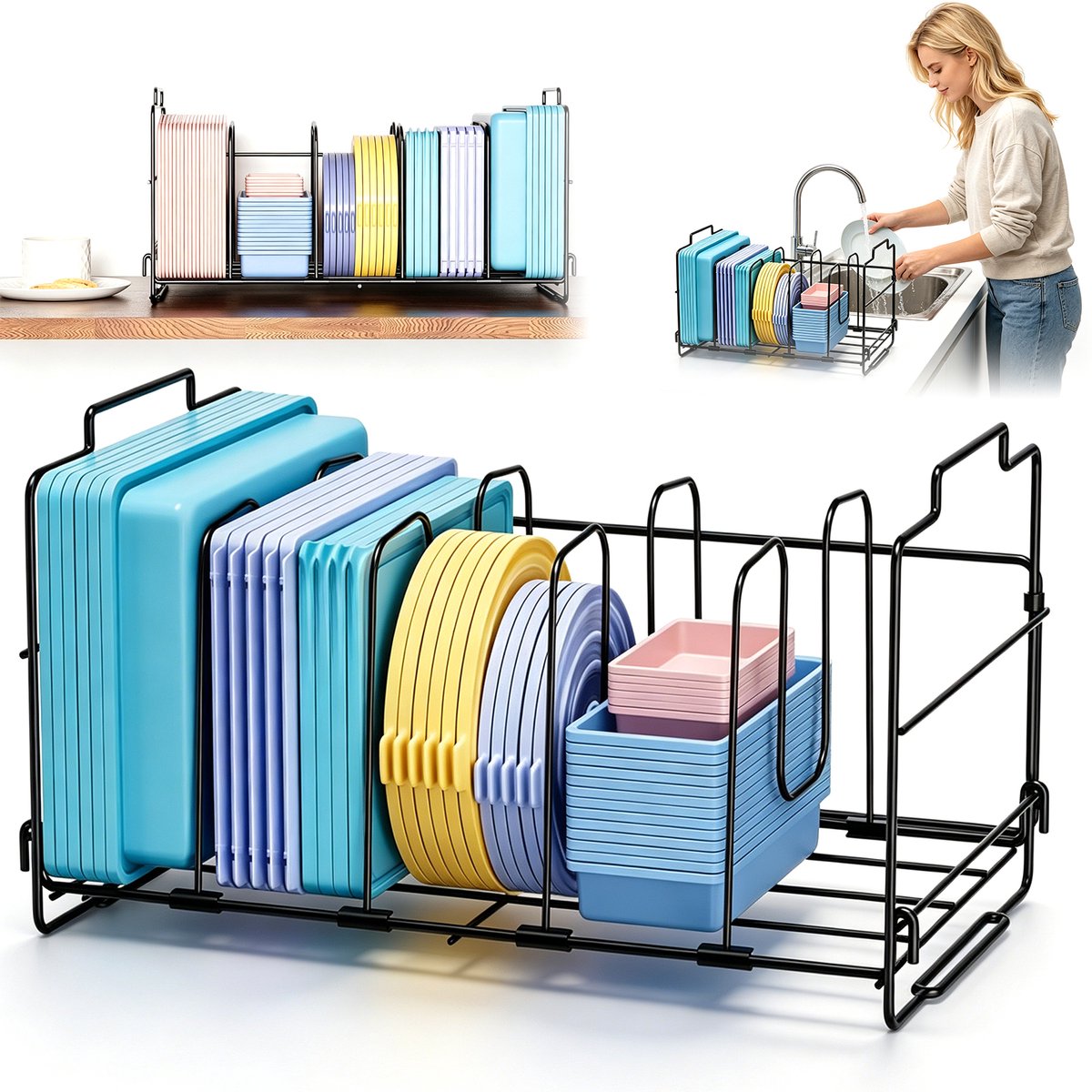 Metalen Opbergrek 4 Planken - Pannendekselrek - Verstelbaar & Roestvrij Gelakt - Boorloos & Antislip - 33x21x18cm Stapelbaar - Voor Keuken, Pannendeksels & Kantoor