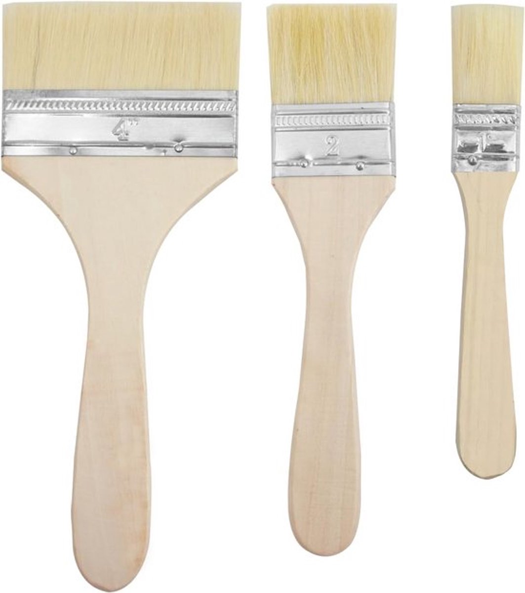 Set van 3 Platte Kwasten Hout, Professionele Lazuurkwasten voor Olieverf en Decoratie (25/50/100 mm)