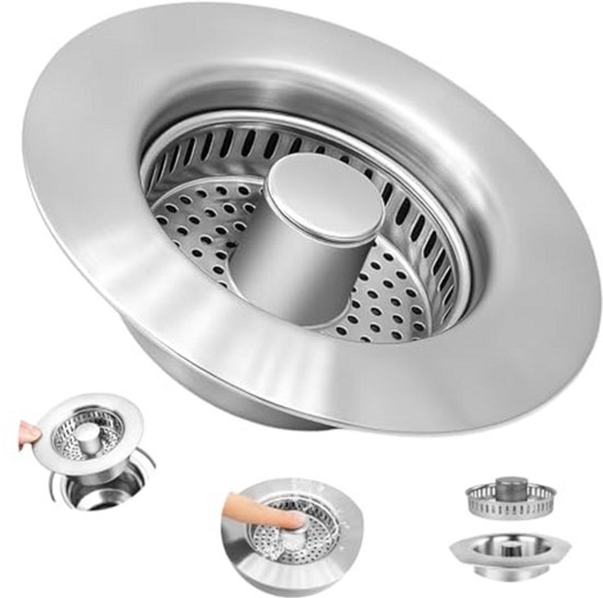Afvoerzeef met Pop-up Mechanisme voor Keuken - 3-in-1 Roestvrij Stalen Wastafelstop met Filter voor Afvoergaten 75-86 mm