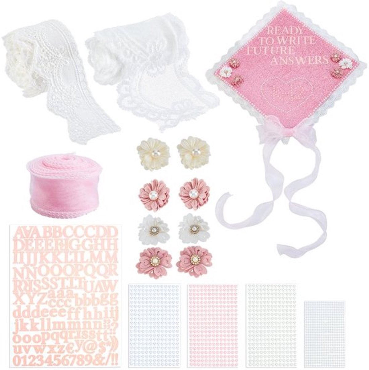 Afstudeerhoed Decoratieset - DIY Hoed - Parel Stickers - Bloemen - Linten - Kant Trim - 2 Kleuren - Afstudeerpet
