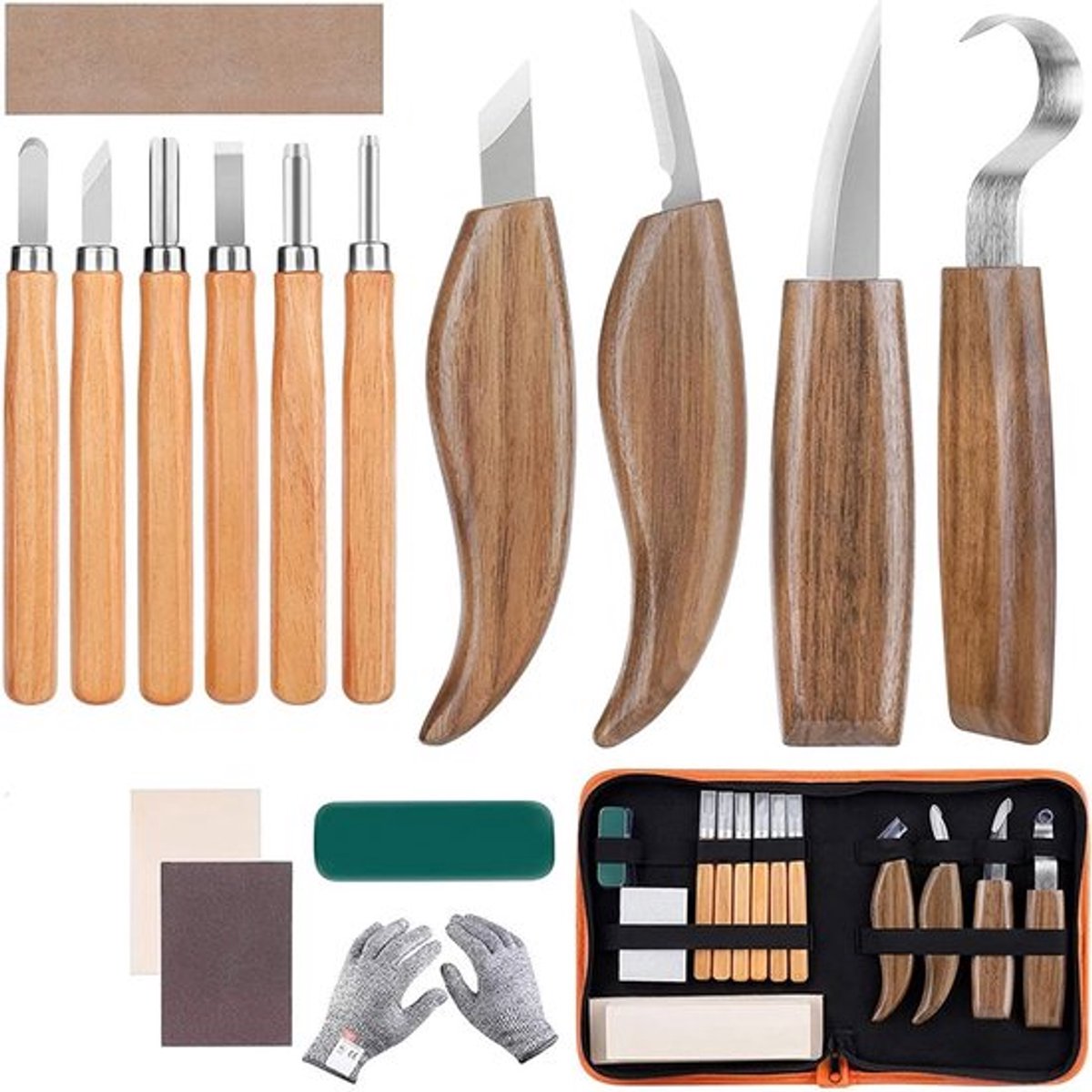 15-in-1 Houten Snijmes Set voor Houtbewerking met Anti-Snijdende Handschoen, Professioneel Gereedschap voor Beginners en Houtbewerkers van Hoogwaardig Staal