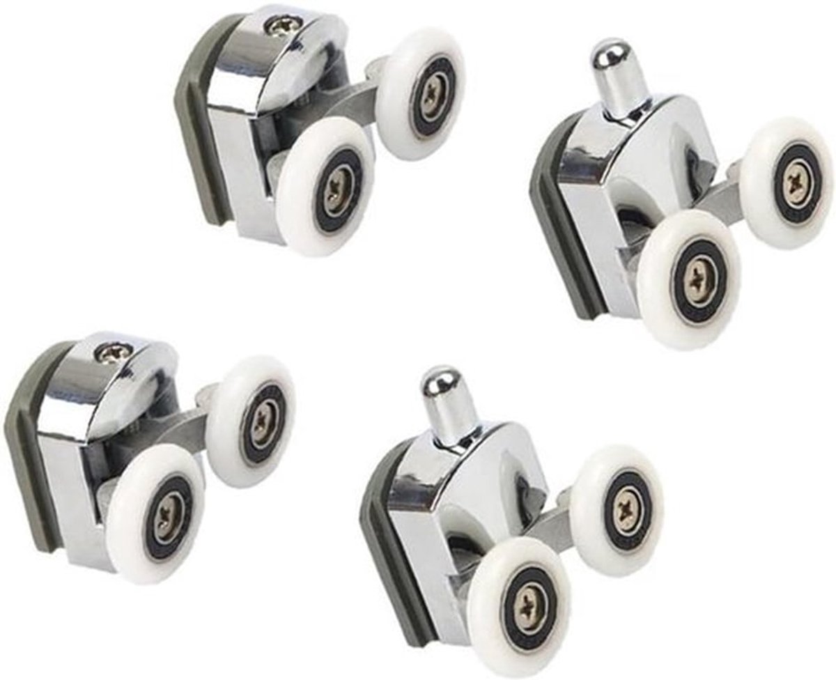 Douchecabine- Rollen- Dubbele deuren- 23 mm- Robuust- Stil- Glazen deuren- Dikte 3-6 mm- Geschikt voor - Kleur/model - 4 rollen voor dubbele douchecabineduren, 23 mm, robuust en stil, voor glazen deuren met een dikte van 3-6 mm.