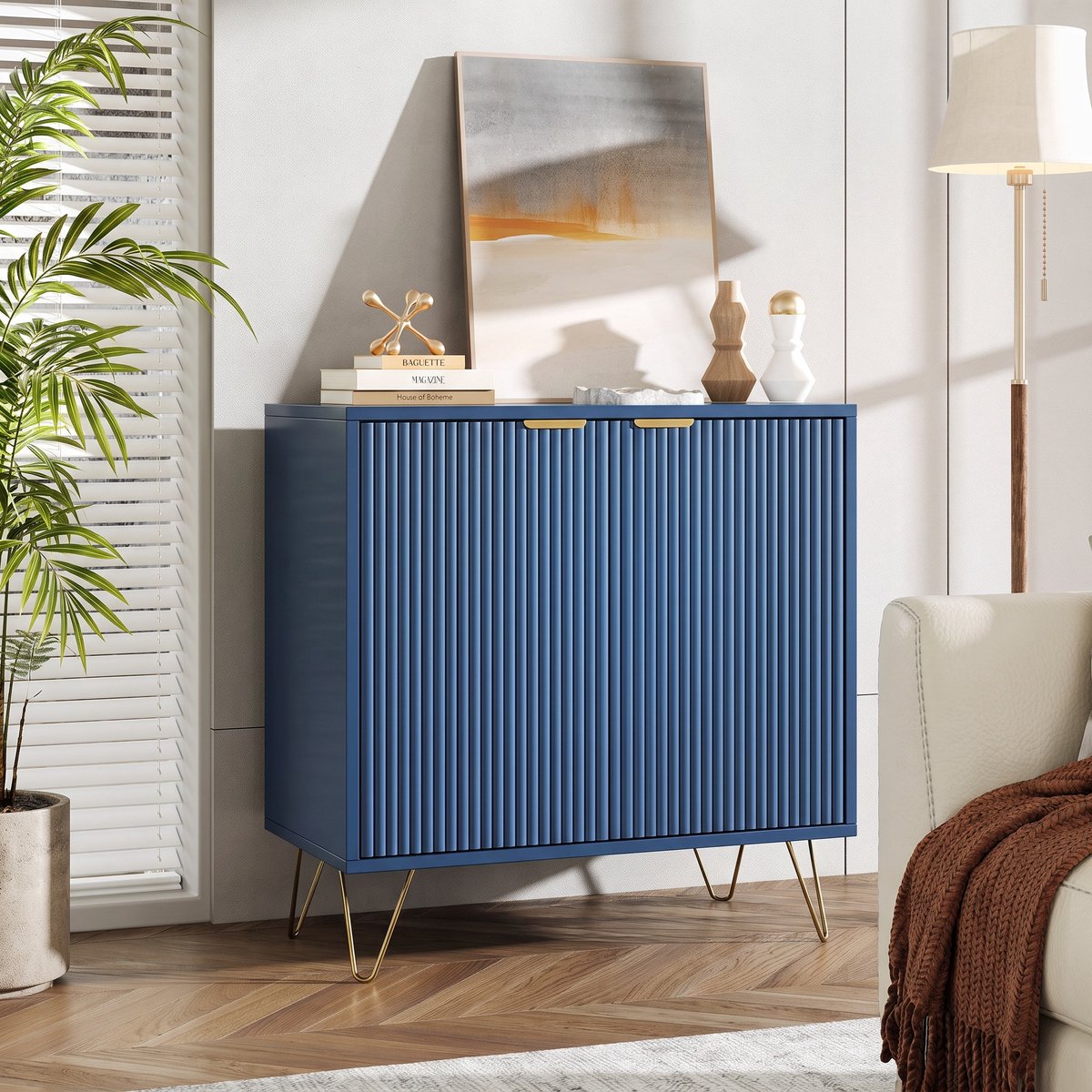 Nachtkastje, Salontafel met 2 Lades, met Gouden Metalen Handgrepen en Poten, voor Woonkamer, Slaapkamer, Bank (Marineblauw)